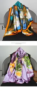 Detailed view of the vibrant printed silk scarf with exquisite floral patterns and smooth texture.