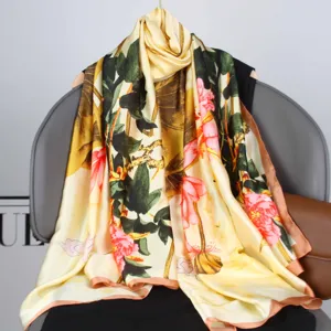 Women Fashion Travel Satin Scarf Floral Printed Long Shawl Versatile Daily Neck Wrap Headwear Accessories