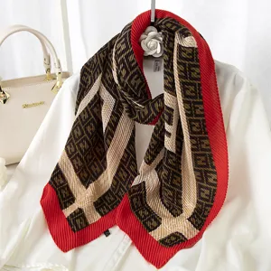 Women pleated scarf winter fashion vintage monogram print shawl versatile neck wrap elegant