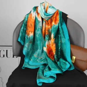 Elegant long silk scarf with vibrant floral print, perfect spring and summer women fashion shawl.