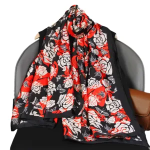 Élégante écharpe en soie pour femme avec imprimé rose et papillon rouge et noir, châle de mode.
