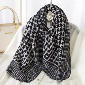 Black and white houndstooth pleated scarf for women, stylish vintage winter warm neck wrap.