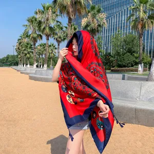 Foulard imprimé ethnique bohème grand châle femme été plage protection solaire rouge bleu