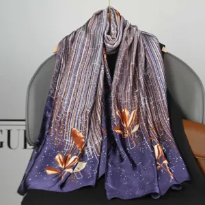 Elegant long printed silk scarf for women, featuring stylish vertical stripes and floral pattern.