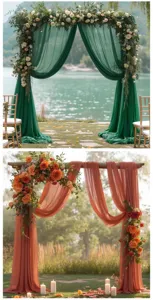 Outdoor wedding arch sheer curtain backdrop decoration with elegant floral arrangements.