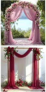 Outdoor wedding arch draping fabric and floral decor scene details showcasing romantic gauze setup.