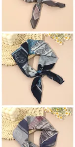 Detailed view of cotton linen paisley small square scarf, featuring vintage print and ribbon style.