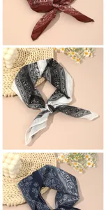 Cotton linen small square scarf, vintage paisley print neckerchief, stylish bandana accessory.