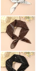 Cotton linen square scarf with classic paisley print, elegant neck ribbon, versatile detail view.