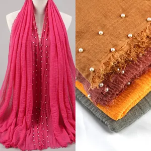 Women Polyester Wrinkled Scarf Solid Color Long Shawl With Fringe And Beaded Design Lightweight Head Scarf
