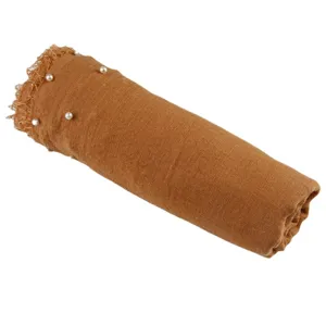 Brown cotton linen rolled scarf with pearl and fringe details main view for women daily wear