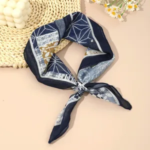 Cotton linen Japanese square scarf for women, retro print neck scarf, elegant ribbon band.