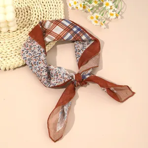 Cotton linen small square scarf Japanese retro floral plaid neckerchief for women fashion
