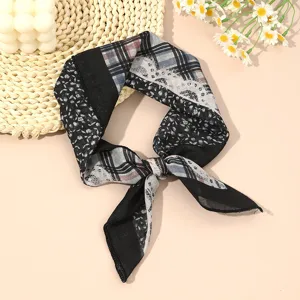 Japanese style cotton linen small square scarf, floral and plaid print ribbon neck scarf for women.