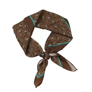 Brown paisley print cotton linen small square scarf with vibrant turquoise border elegant necktie.