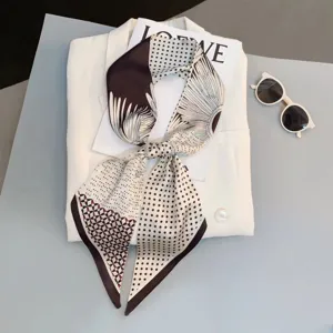 Chic narrow silk scarf with black white polka dots geometric design elegant neck wrap ribbon.