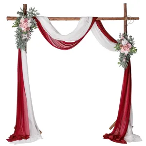 Wedding arch drape fabric with artificial floral decor romantic chiffon decoration for ceremony