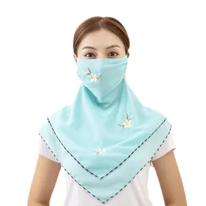 Summer sun protection face mask neck guard for women, breathable chiffon with floral embroidery.