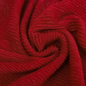 Close up of red pleated fabric scarf with shimmering metallic silver threads detail.