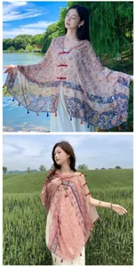 Detailed view of the ethnic style tassel voile shawl, featuring exquisite buttons and scenery.