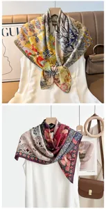 Women fashion silk square scarf elegant vintage floral print 90cm neckerchief accessory