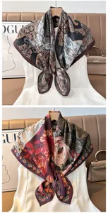 Detailed view of stylish printed square scarf with elegant paisley and floral patterns for women.