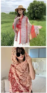 Detailed view of ethnic style tassel voile shawl, elegant floral print and frog button design.