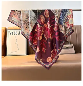 Elegant floral printed square scarf for women, vintage style silk touch fashion accessory.