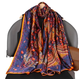 Elegant floral print long silk scarf for women, vintage paisley shawl for travel and daily wear.
