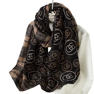 Women fashion pleated winter scarf vintage print checkered shawl warm neckerchief style