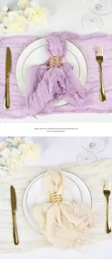 Detailed view of bohemian style pleated cheesecloth table runner and napkin for wedding party decor.