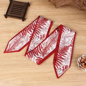 Écharpe ruban twilly à imprimé botanique rouge et blanc pour cheveux et sac accessoires