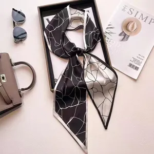 Elegant black and white skinny twilly scarf, versatile neckerchief and stylish bag ribbon.