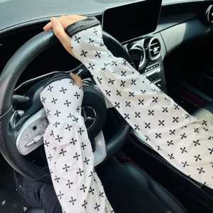 Women Summer Sun Protection Ice Sleeves For Driving UV Guard White Clover Pattern