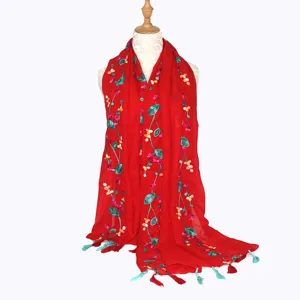 Red embroidered linen scarf shawl with ethnic floral pattern and tassels for women sun protection