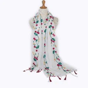 Women cotton linen embroidered scarf floral tassel shawl ethnic white sun protection scarf