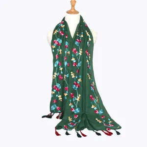 Women green embroidered floral scarf linen cotton shawl ethnic tassel sun protection wrap