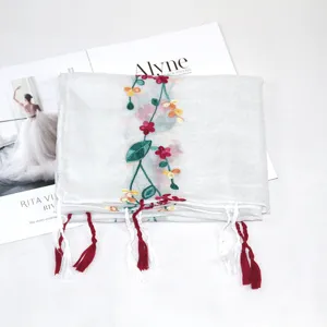 Women linen embroidered floral scarf tassel shawl ethnic travel sun protection scarf