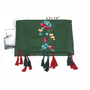Dark green linen embroidered scarf women floral tassel shawl ethnic travel sun protection