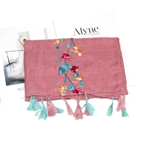 Women cotton linen embroidered scarf floral tassel shawl ethnic travel sun protection