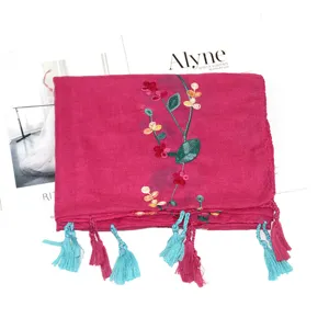 Floral embroidered cotton linen scarf detail, ethnic style shawl with colorful tassels for women.