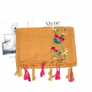 Boho embroidered linen scarf for women, floral shawl with colorful tassels, sun protection.