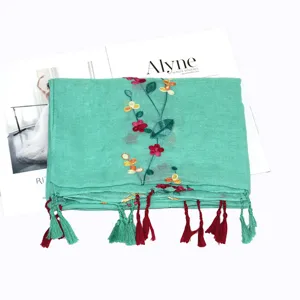Embroidered linen cotton scarf shawl floral fringe boho sun protection women green scarf