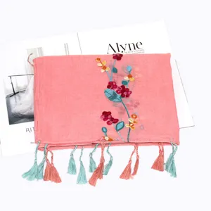 Women cotton linen embroidered floral scarf shawl pink ethnic tassel sun protection accessory