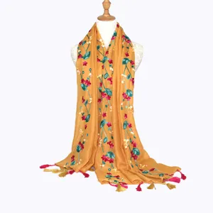 Women's yellow cotton linen embroidered floral scarf bohemian tassel shawl sun protection