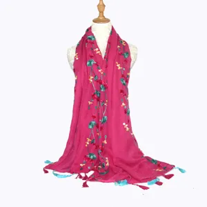 Women embroidered cotton linen scarf floral tassel shawl boho sun protection wrap