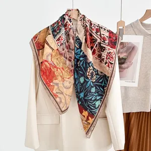 Women Fashion Velvet Square Scarf Retro Herringbone Double Sided Printed Shawl
