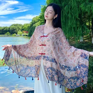 Women Fashion Ethnic Style Printed Tassel Shawl Lightweight Polyester Scarf Boho Travel Sun Protection Cape Wrap