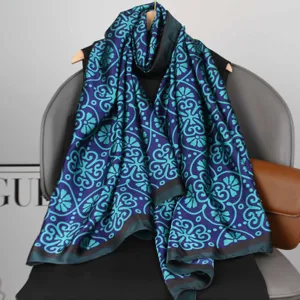 Elegant blue floral silk scarf for women, luxurious long shawl wrap for spring and autumn daily wear.