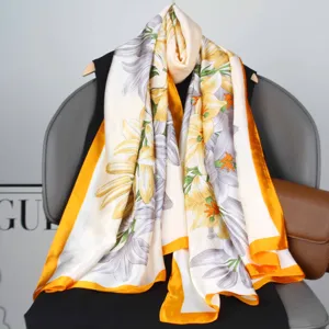 Elegant floral print long silk scarf for women, trendy spring fashion accessory.